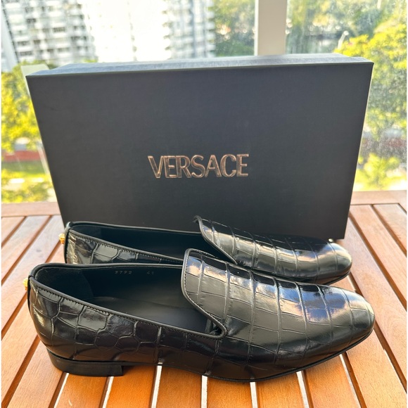 💯 - New Authentic Versace Men Croc Embossed Calfskin Smoking Slipper - Picture 12 of 16